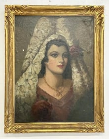 19th c o/c portrait of Woman with fancy veil or hat, canvas laid on board, small paint loss spot on