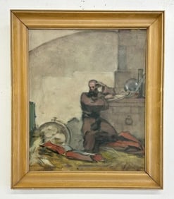 Circa 1940 o/b Man looking at book with possibly lab objects behind him, unsigned, nice estate