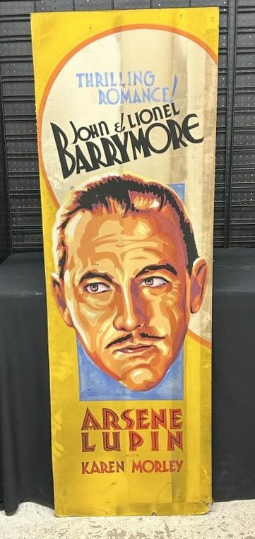 Original hand painted 1932 movie poster titled ( ARSENE LUPIN ), starring John & Lionel Barrymore,: Original hand painted 1932 movie poster titled ( ARSENE LUPIN ), starring John & Lionel Barrymore, gouache on cardboard stock, measures 60" x 20", with piece off bottom right corner.... from the Hudso