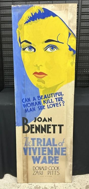 Original hand painted 1932 movie poster titled ( THE TRIAL OF VIVIENNE WARE ), starring Joan: Original hand painted 1932 movie poster titled ( THE TRIAL OF VIVIENNE WARE ), starring Joan Bennett, gouache on cardboard stock, measures 60" x 20"...... from the Hudson, New York estate of Albert Bu