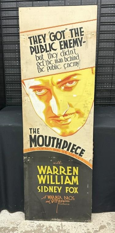 Original hand painted 1932 movie poster titled ( THE MOUTHPIECE ), starring Warren William & Sidney: Original hand painted 1932 movie poster titled ( THE MOUTHPIECE ), starring Warren William & Sidney Fox....gouache on cardboard stock, measures 60" x 20"......from the Hudson, New York estate of Alber