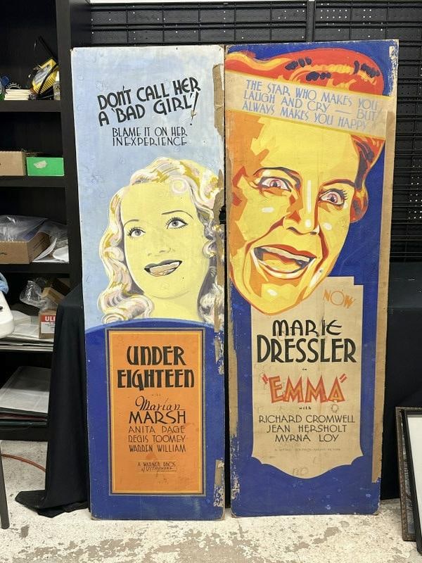 (2) Original hand painted movie posters from 1931 & 1932, includes ( UNDER EIGHTEEN & EMMA ), both: (2) Original hand painted movie posters from 1931 & 1932, includes ( UNDER EIGHTEEN & EMMA ), both gouache on cardboard stock, Under Eighteen measures 60" x 18" and has a piece off right center edge a