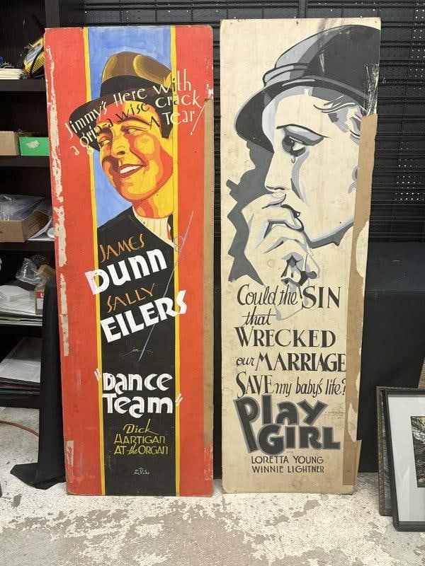 (2) Original hand painted movie posters from 1932 including ( DANCE TEAM starring James Dunn & Sally: (2) Original hand painted movie posters from 1932 including ( DANCE TEAM starring James Dunn & Sally Eilers, this measures 60" x 20" and has tape and tape marks on bothoutside edges, the other poster