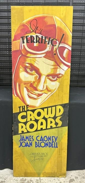 Original hand painted 1932 movie poster titled ( THE CROWD ROARS ), starring James Cagney & Joan: Original hand painted 1932 movie poster titled ( THE CROWD ROARS ), starring James Cagney & Joan Blondell, gouache on cardboard stock, measures 60" x 20".....from the Hudson, New York estate of Albert