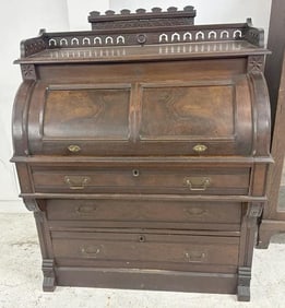 Victorian walnut circa 1890 cylinder roll desk with interior, structurally sound, original finish,