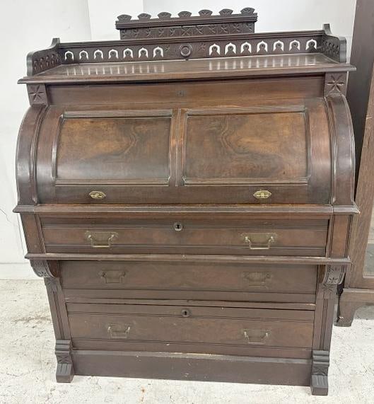 Victorian walnut circa 1890 cylinder roll desk with interior, structurally sound, original finish, (1 of 3)