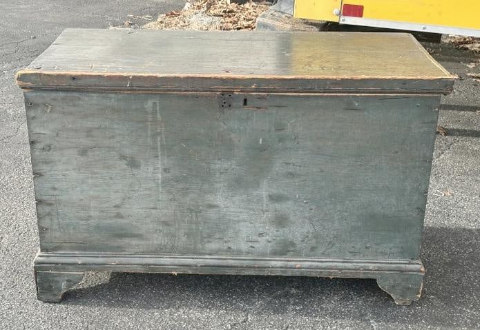 19th c blue paint blanket box with till inside (no lid on till ), nice bracket base, structurally (1 of 4)
