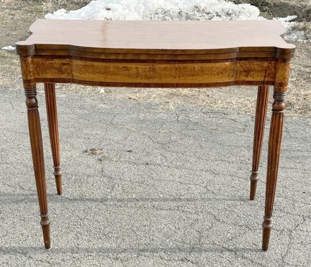 Period Sheraton lift top swing leg game or side table, older finish, structurally sound, nice light: Period Sheraton lift top swing leg game or side table, older finish, structurally sound, nice light graining on sides, from Woodstock, N.Y. estate. Measures 34" wide x 18" deep x 29.5" high. Just how