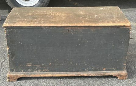 19th c blue paint dovetailed blanket box with till inside, from Woodstock, N.Y. estate in Hudson
