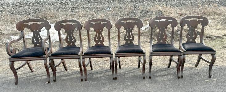 (6) mahogany sabre leg dining chairs, from estate in Hudson Valley, structurally sound, older finish (1 of 2)