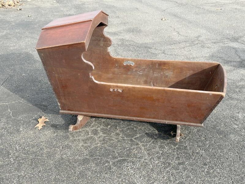19th c dovetailed construction cradle in old reddish finish, from Hudson Valley estate, nice overall (1 of 2)