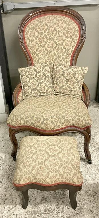 Victorian walnut ladies chair with a footstool in same material, structurally sound, from estate in (1 of 1)