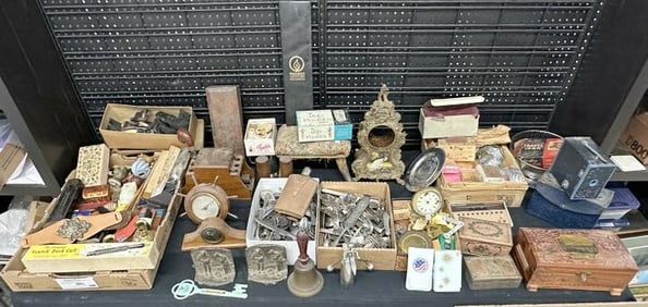 BIG misc. estate lot to include old kids shoes, bookends, school bell. Records, pipe box, clocks,