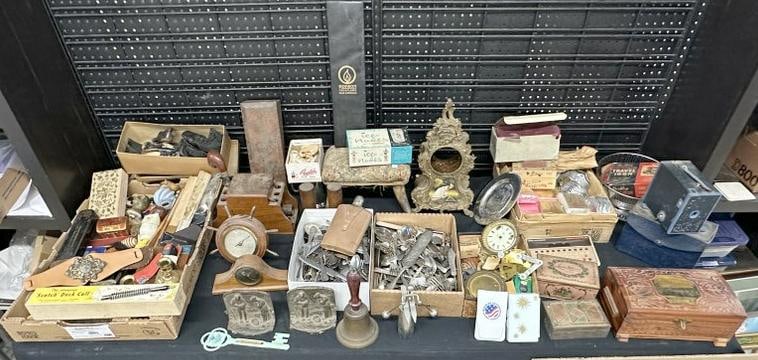 BIG misc. estate lot to include old kids shoes, bookends, school bell. Records, pipe box, clocks, (1 of 20)