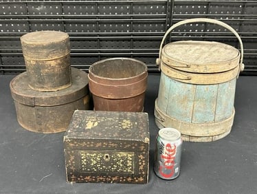 Estate country lot of pantry boxes, firkin with some old blue paint, decorated box, civerd box with