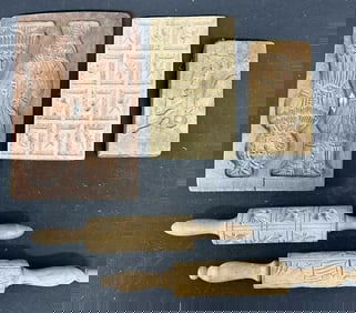 Early lot of wood molds and cookie rollers, from Hudson Valley estate, one is double sided….just