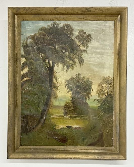 19th c primitive o/c farm landscape, unsigned ( small rip in center ), from estate in Hudson (1 of 3)