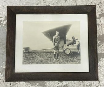 UNDERWOOD large photograph of Charles Lindberg & the Spirit of St. Louis, in oak frame of the
