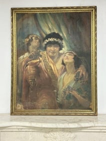 Jay W. Weaver (- 1960) o/c laid on board of Man & (2) Women, he's holding a cup, all with floral