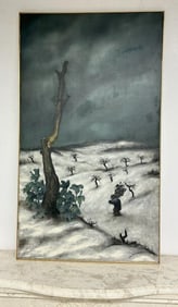 M. Russo impressionist o/c dated (1956) of Man walking on snowy hill with bare apple trees, carrying