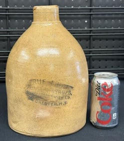 Stoneware jug - TRUE-FRUIT FOUNTAIN SYRUPS J. HUNGERFORD SMITH CO. ROCHESTER, N.Y. in nice overall