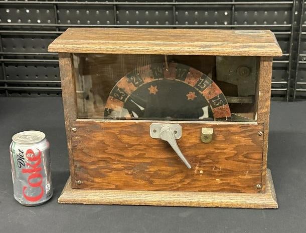 5¢ GRISWOLD "WHEEL OF FORTUNE" COUNTER WHEEL TRADE STIMULATOR in working order, oak case, slot on (1 of 6)