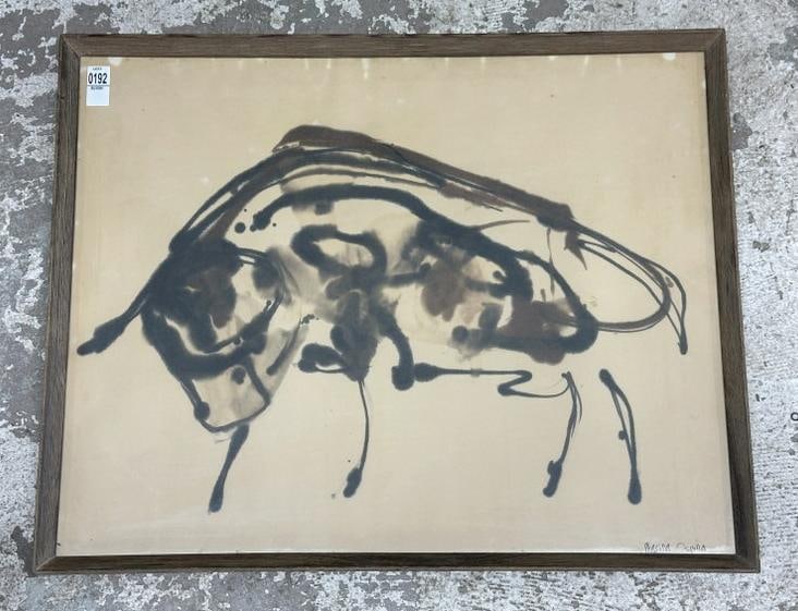Marina Ospina untitled ink drawing of bull on paper, in Mid Century frame,drawing measures 23" x (1 of 3)