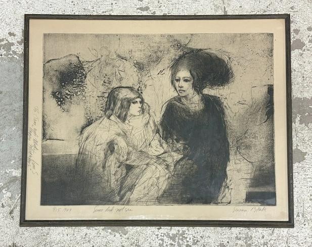 Susan B. Hale 1964 etching with aquatint titled ( SOME DID NOT SEE ), in Mid Century frame of the (1 of 5)