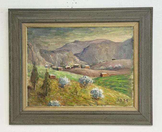 Impressionist o/c landscape with buildings in the background and mountains, signed ( A R dated 1959 (1 of 4)