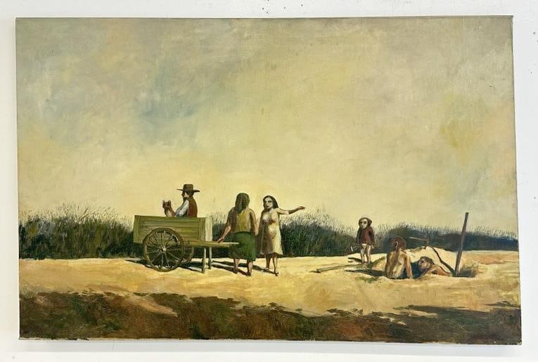 Mid Century surreal o/c with man in wagon with cat, (2) women talking by wagon, and people off to: Mid Century surreal o/c with man in wagon with cat, (2) women talking by wagon, and people off to the side digging a hole, initialed ( L O 1965 ), nice estate condition. Painting measures 26" x 40"…