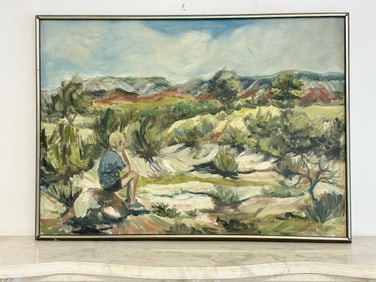 Impressionist o/c landscape with by sitting on a rock in foreground, signed lower right (