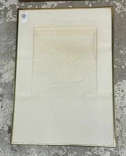 Framed cut and torn paper framed landscape, signed illegibly ( KEJ ? - VERGINO ? ), quality brass (1 of 4)
