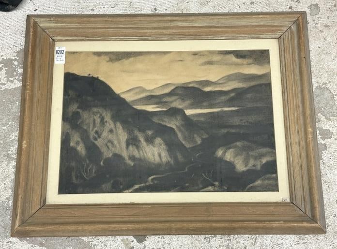 George Davidson (1889 - 1965) charcoal wonderful drawing of mountains and waterway, signed lower: George Davidson (1889 - 1965) charcoal wonderful drawing of mountains and waterway, signed lower left corner. In nice frame of the period, drawing measures 15" x 21", the frame measures 23" x 29". Fro