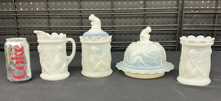 Rare (4) pc. George Duncan milk opaque glass spooner, covered cheese dish, covered jar and pitcher,: Rare (4) pc. George Duncan milk opaque glass spooner, covered cheese dish, covered jar and pitcher, with monkeys on them, fine estate condition…..keeping them all together as we found them, to show