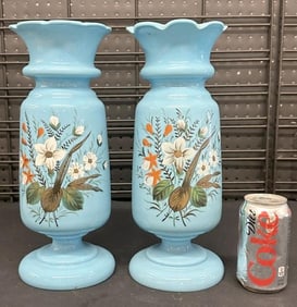 Wonderful pair blue handpainted floral bristol vases in excellent estate condition. They measure