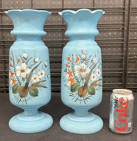 Wonderful pair blue handpainted floral bristol vases in excellent estate condition. They measure (1 of 4)