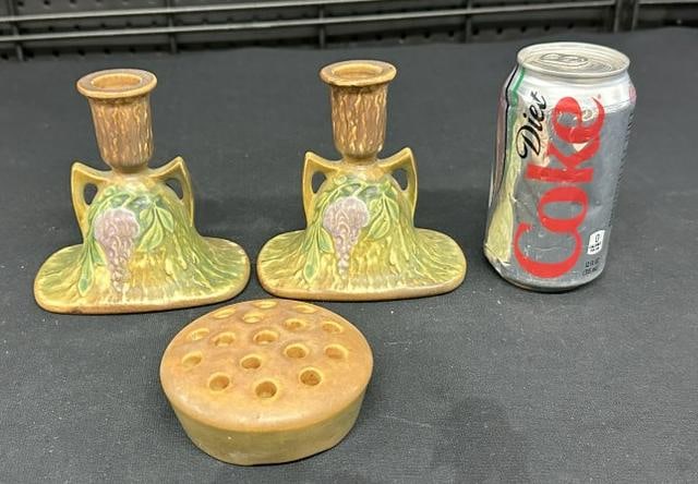 Roseville Wisteria candlesticks ( small chip on one rim as pictured ), and an art pottery (1 of 5)