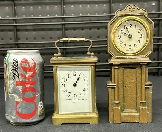 (2) small estate clocks including French carriage clock with name on dial ( THE VAN HEUSEN CHARLES (1 of 6)