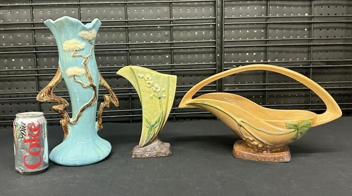 (3) pcs. Roseville including 13" Ming Tree vase, 9" high Wincraft vase & Wincraft 15" long handled (1 of 5)