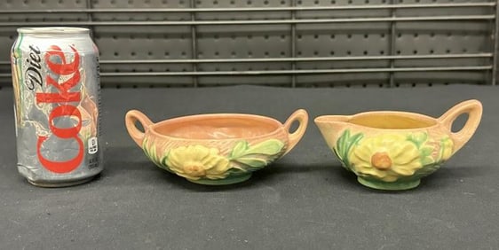 Roseville Peony pattern sugar & creamer, in nice estate condition. From a Hudson Valley collection