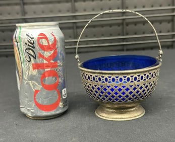 GORHAM sterling silver sugar or bonbon basket, with cobalt blue glass lining, nice estate condition.