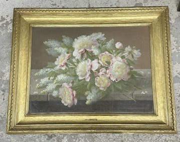 Raoul Maucherat De Longpre (1843 or 59 - 1911) gouache titled ( PEONIES ) in magnificent period