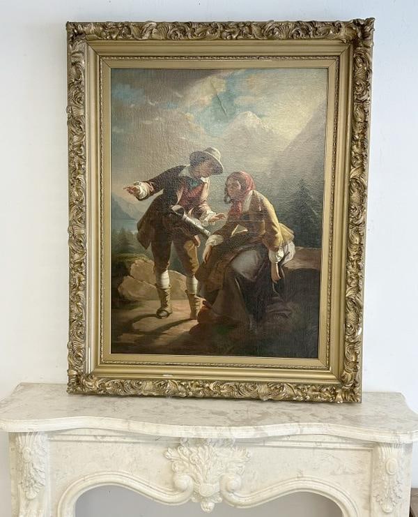 19th c o/c of Man courting a Woman on mountain top with water and mountains in background, in frame: 19th c o/c of Man courting a Woman on mountain top with water and mountains in background, in frame of the period, initials or name illegible on lower rigt corner. Was relined at some point, with tear