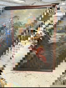 Large 19th c o/c of man with rolled map or document on mountain looking out at sea…..unsignd, in