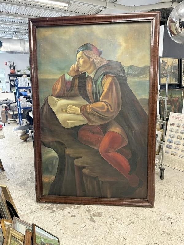 Large 19th c o/c of man with rolled map or document on mountain looking out at sea…..unsignd, in (1 of 8)