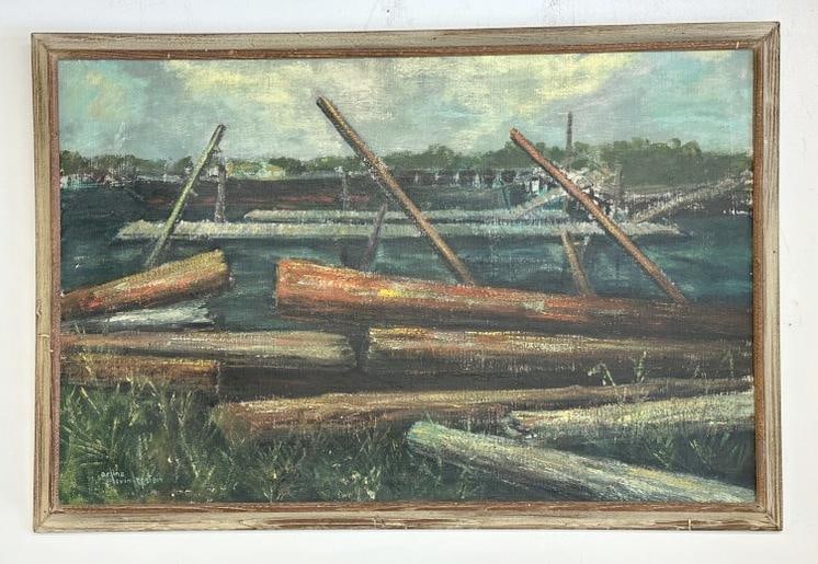 Arline Levin Epstein Mid Century impressionist o/c seascape with barges and logs in water, in Mid: Arline Levin Epstein Mid Century impressionist o/c seascape with barges and logs in water, in Mid century frame of the period, nice overall condition, a few small bumps in canvas, signed lower left, p