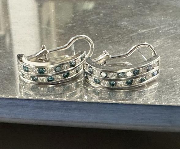 Pair 14K white & green diamond earrings, from local estate in Hudson Valley of a couple….Weighs: Pair 14K white & green diamond earrings, from local estate in Hudson Valley of a couple….Weighs 3.7 pennyweights…..in fine condition…..