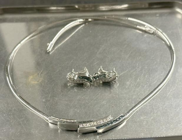 14K set white & green diamond necklace with pair of matching earrings….in fine estate condition,: 14K set white & green diamond necklace with pair of matching earrings….in fine estate condition, total weight is 20.7 pennyweights…..a beautiful set…....