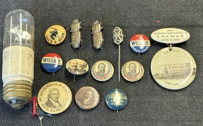 Interesting older Political lot to include pinback buttons & lightbulb with figural: Interesting older Political lot to include pinback buttons & lightbulb with figural elephant.......includes Cleveland stick pin, Parker-Davis, 1909button with Casino, Hughes, etc…..