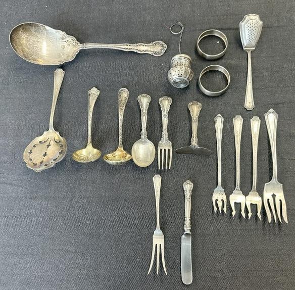 Estate lot STERLING SILVER, older flatware, childs utensils, tea strainer and serving large (1 of 7)